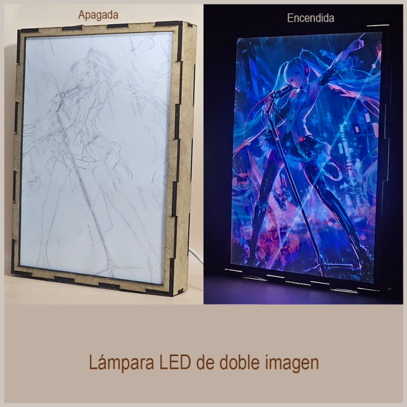 Lámpara ánime  Miku Hatsune  con doble imagen del personaje Miku Hatsune, vista apagada y encendida, donde se revela la ilustración completa al encender la luz LED.