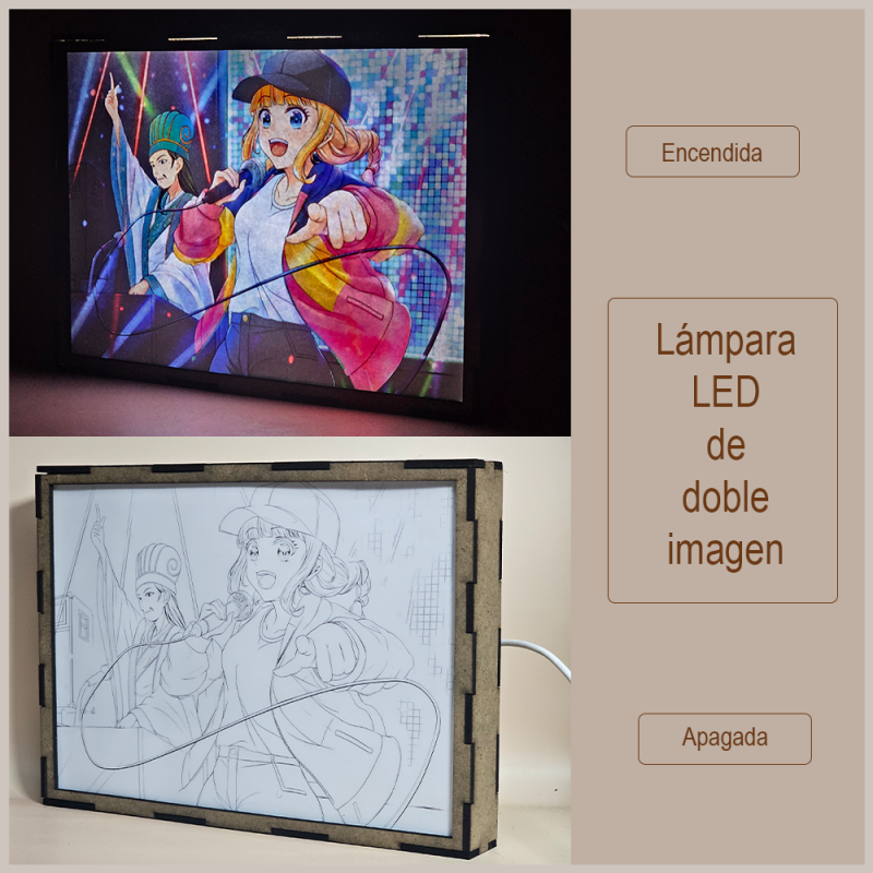 Lámpara ánime/manga  Paripi Koumei  con doble imagen de la pareja Eiko Tsukimi y Zhuge Kongming, vista apagada y encendida, donde se revela la ilustración completa al encender la luz LED.