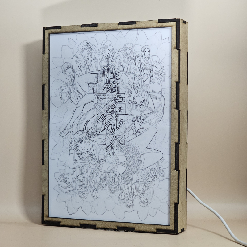 Lámpara ánime/manga  Kakegurui: Compulsive Gambler  con doble imagen del grupo Yumeko Jabami, Mary Saotome, Kirari Momobami, Ririka Momobami, Itsuki Sumeragi, Midari Ikishima, Sayaka Igarashi, Runa Yomozuki y Ryota Suzui, vista apagada, se esconde la imágen de atras.