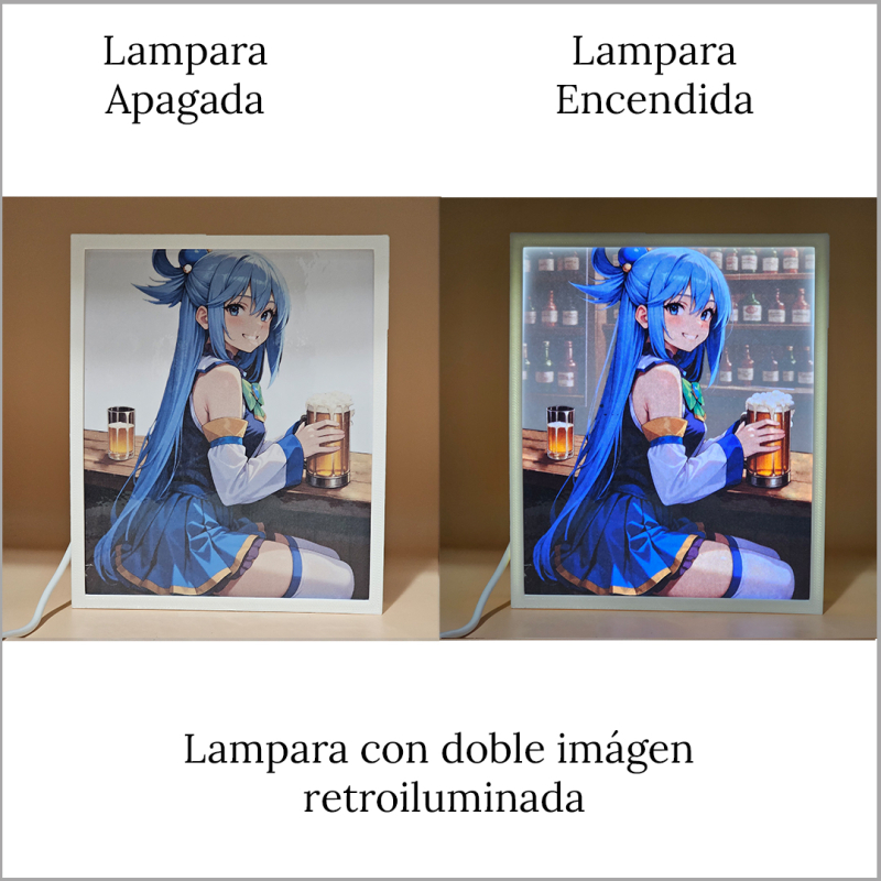 Lámpara ánime/manga  KonoSuba  con doble imagen del personaje Aqua, vista apagada y encendida, donde se revela la ilustración completa al encender la luz LED.