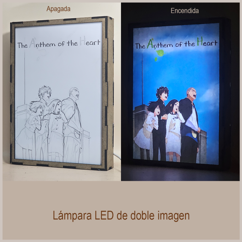 Lámpara ánime/manga  The Anthem of the Heart  con doble imagen del grupo Natsuki Nitō, Takumi Sakagami, Jun Naruse y Daiki Tasaki, vista apagada y encendida, donde se revela la ilustración completa al encender la luz LED.