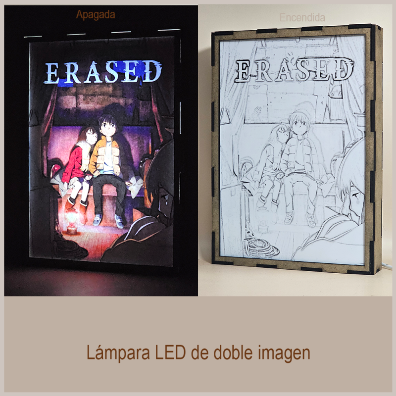 Lámpara ánime/manga  Erased  con doble imagen de la pareja Satoru Fujinuma y Kayo Hinazuki, vista apagada y encendida, donde se revela la ilustración completa al encender la luz LED.