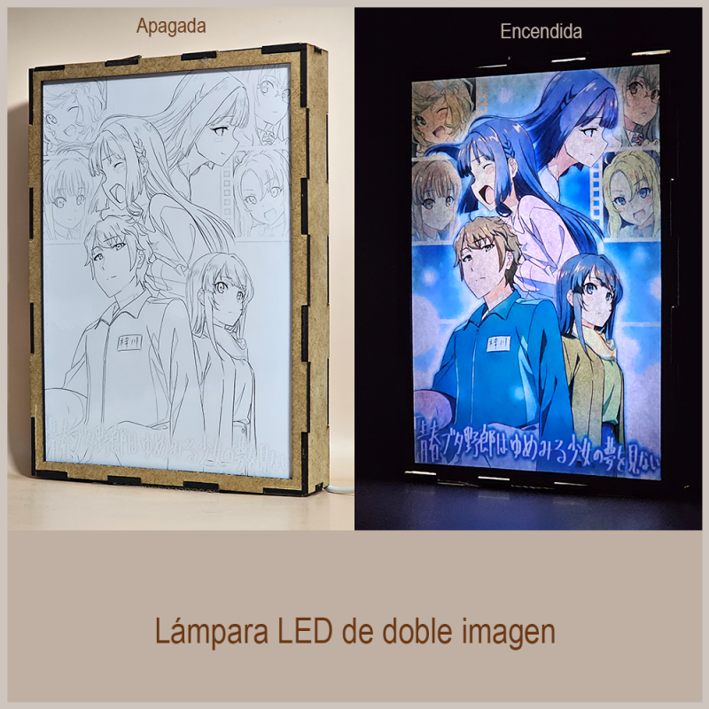Lámpara ánime/manga  Seishun Buta Yarou  con doble imagen del grupo Sakuta Azusagawa, Mai Sakurajima, Shoko Makinohara, Kaede Azusagawa, Tomoe Koga, Rio Futaba y Nodoka Toyohama, vista apagada y encendida, donde se revela la ilustración completa al encender la luz LED.