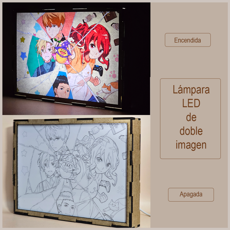 Lámpara ánime/manga  Romantic Killer  con doble imagen del grupo Anzu Hoshino, Tsukasa Kazuki, Junta Hayami, Hijiri Koganei y Riri, vista apagada y encendida, donde se revela la ilustración completa al encender la luz LED.