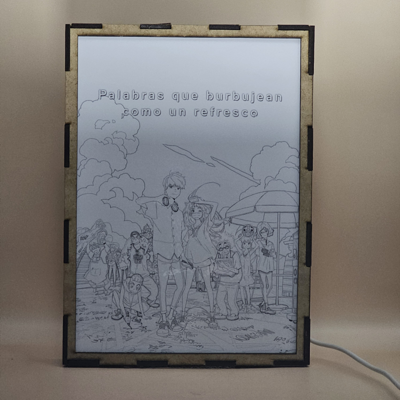 Lámpara ánime  Palabras que burbujean como un refresco  con doble imagen del grupo Yui Sakura y Yuki, vista apagada, se esconde la imágen de atras.