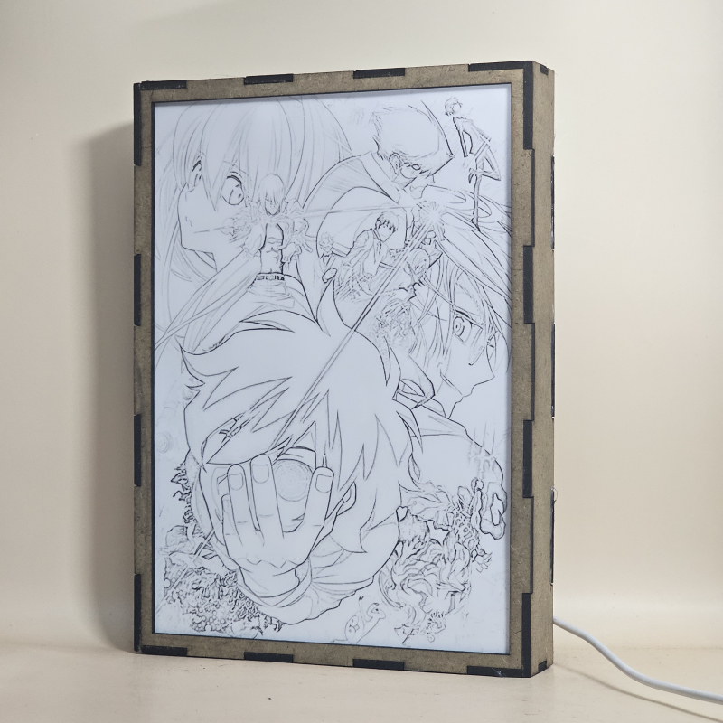 Lámpara ánime/manga  Kekkai Sensen  con doble imagen del grupo Leonardo Watch, Klaus von Reinherz, Zapp Renfro, Mary Macbeth, William Macbeth, Steven A. Starphase, Chain Sumeragi, Gilbert F. Altstein y Sonic, vista apagada, se esconde la imágen de atras.