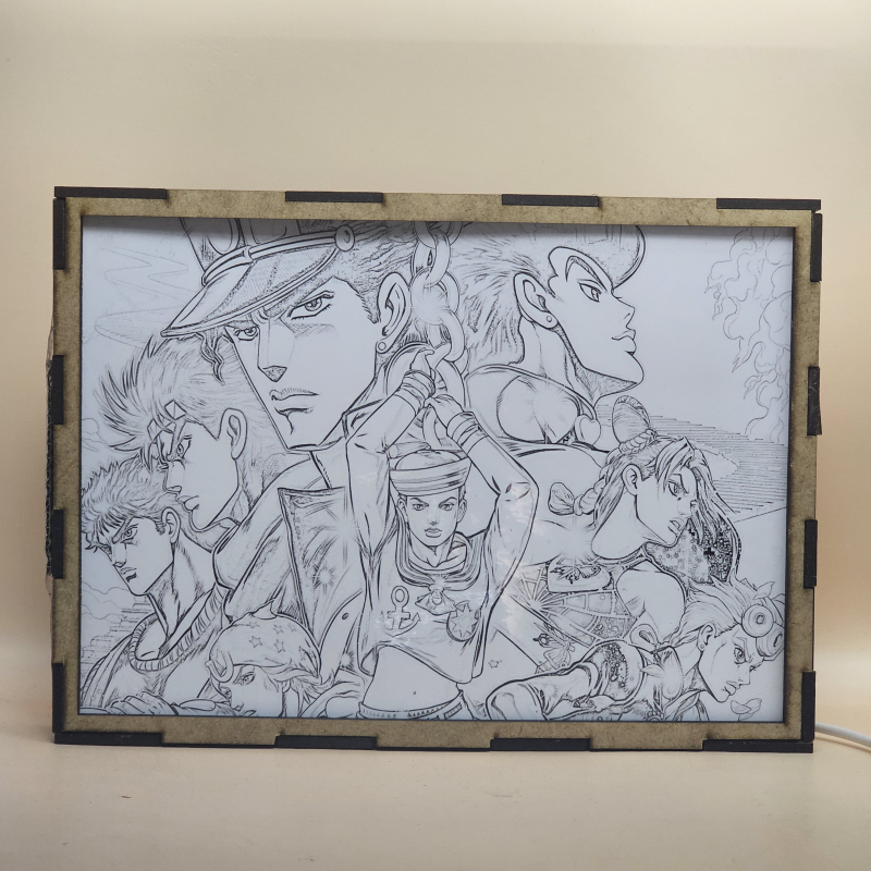 Lámpara ánime/manga  JoJo's Bizarre Adventure  con doble imagen del grupo Joseph Joestar, Jonathan Joestar, Jotaro Kujo, Josuke Higashikata, Giorno Giovanna, Jolyne Cujoh, Johnny Joestar y Josuke Higashikata, vista apagada, se esconde la imágen de atras.