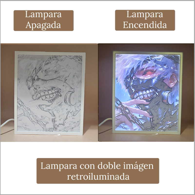Lámpara ánime/manga  Tokyo Ghoul  con doble imagen del personaje Ken Kaneki, vista apagada y encendida, donde se revela la ilustración completa al encender la luz LED.