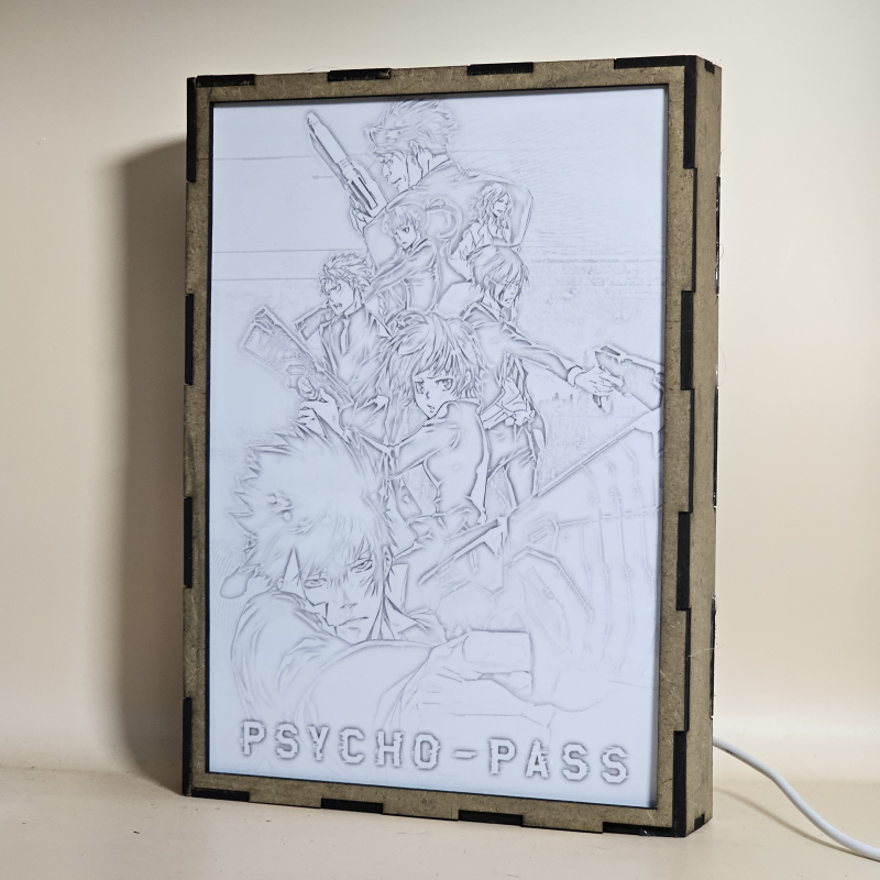 Lámpara ánime/manga  Psycho-Pass  con doble imagen del grupo Shinya Kogami, Akane Tsunemori, Nobuchika Ginoza, Shūsei Kagari, Tomomi Masaoka, Shion Karanomori y Yayoi Kunizuka, vista apagada, se esconde la imágen de atras.