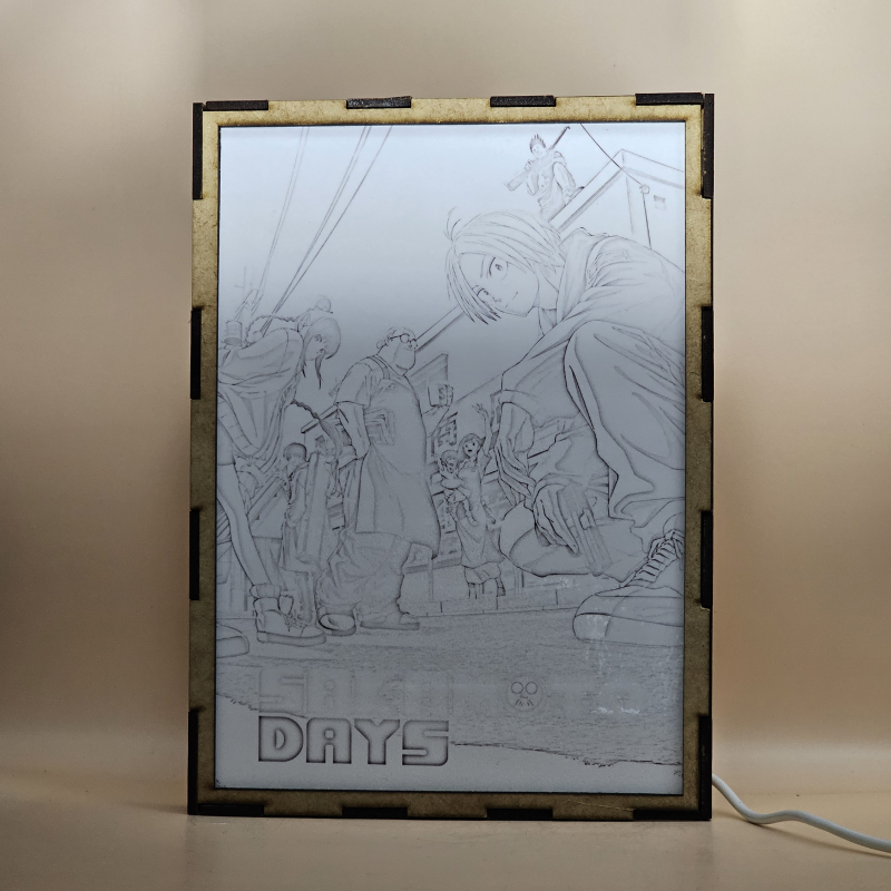 Lámpara ánime/manga  Sakamoto Days  con doble imagen del grupo Taro Sakamoto, Shin Asakura, Lu Shaotang, Yoichi Nagumo, Aoi Sakamoto, Hana Sakamoto y Heisuke Mashimo, vista apagada, se esconde la imágen de atras.