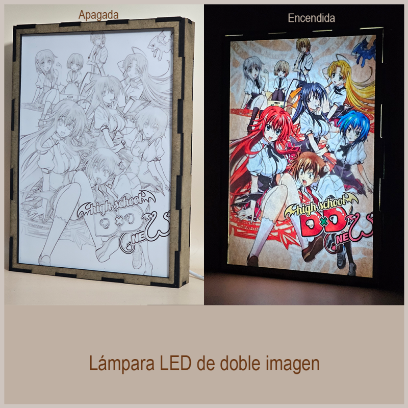 Lámpara ánime/manga  High School DxD  con doble imagen del grupo Issei Hyōdō, Rias Gremory, Akeno Himejima, Asia Argento, Koneko Tōjō, Yūto Kiba, Xenovia Quarta y Ddraig, vista apagada y encendida, donde se revela la ilustración completa al encender la luz LED.