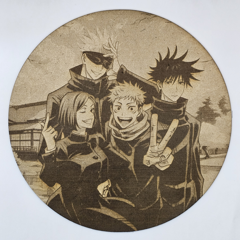 Cuadro decorativo MDF grabado láser estilo anime manga de Satoru Gojo, Megumi Fushiguro, Nobara Kugisaki y Yuji Itadori