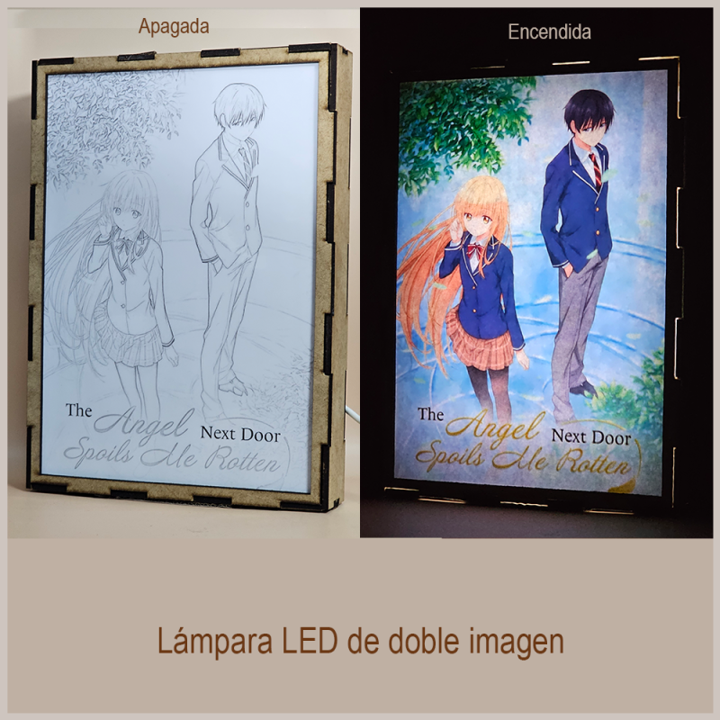 Lámpara ánime/manga  The angel next door spoils me rotten  con doble imagen de la pareja Mahiru Shiina y Amane Fujimiya, vista apagada y encendida, donde se revela la ilustración completa al encender la luz LED.