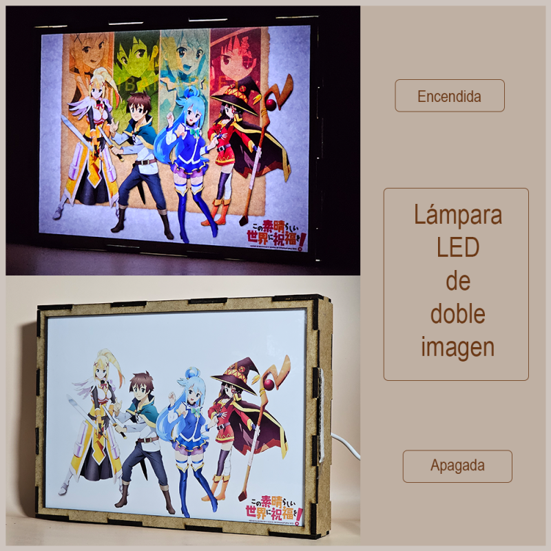 Lámpara ánime/manga  KonoSuba  con doble imagen del grupo Megumin, Kazuma Satō, Darkness y Aqua, vista apagada y encendida, donde se revela la ilustración completa al encender la luz LED.