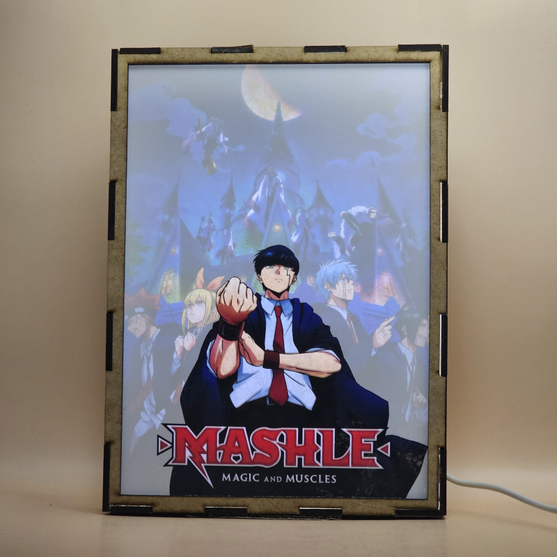 Lámpara ánime/manga  Mashle  con doble imagen del grupo Mash Burnedead, Lemon Irvine, Dot Barrett, Lance Crown y Finn Ames, vista encendida, con luz ambiente, donde se revela la ilustración completa al encender la luz LED.