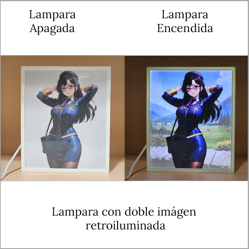 Lámpara ánime/manga  KonoSuba  con doble imagen del personaje Sena, vista apagada y encendida, donde se revela la ilustración completa al encender la luz LED.