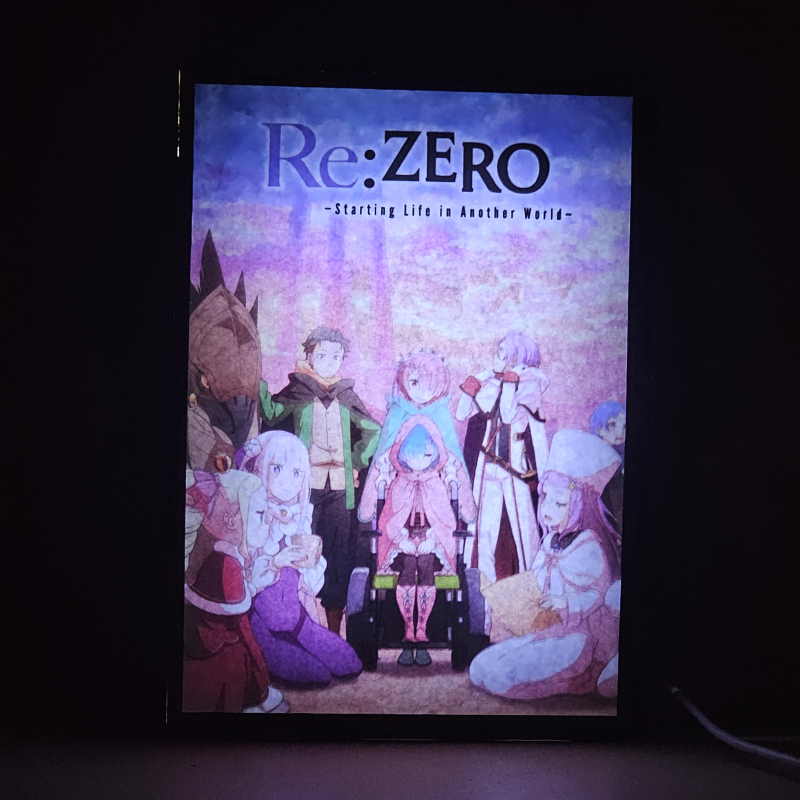 Lámpara ánime/manga  Re:Zero  con doble imagen del grupo Subaru Natsuki, Emilia, Rem, Ram, Beatrice, Patrasche, Julius Juakulius, Anastasia Hoshin y Meili Portroute, vista encendida, donde se revela la ilustración completa al encender la luz LED.