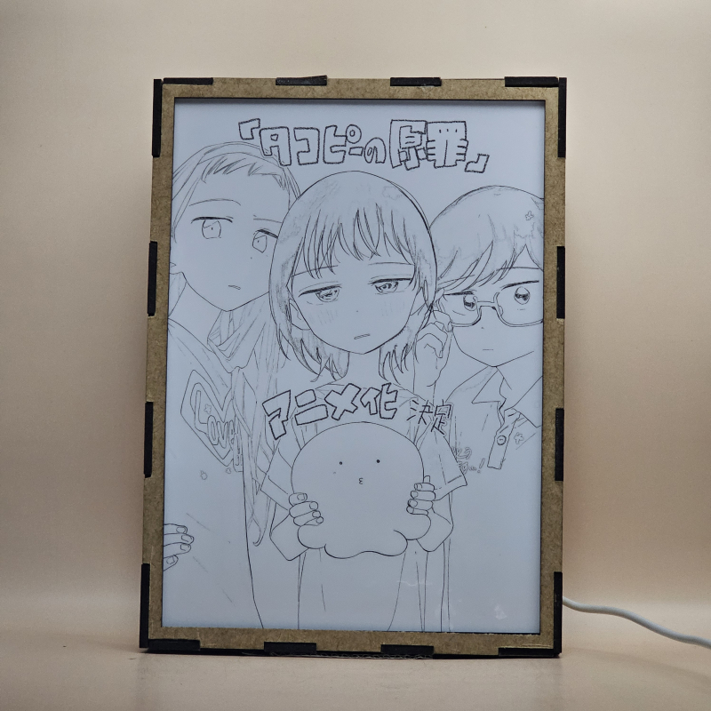 Lámpara ánime/manga  El pecado original de Takopi  con doble imagen del grupo Shizuka Kuze, Marina Kirarazaka, Takopi y Naoki Azuma, vista apagada, se esconde la imágen de atras.