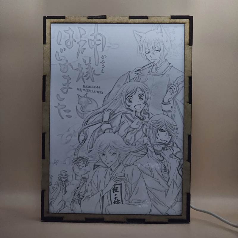 Lámpara ánime/manga  Kamisama Hajimemashita  con doble imagen del grupo Nanami Momozono, Tomoe Yukishiro, Mizuki, Kurama Shinjirou, Mikage, Onikiri, Kotetsu y Otohiko, vista apagada, se esconde la imágen de atras.