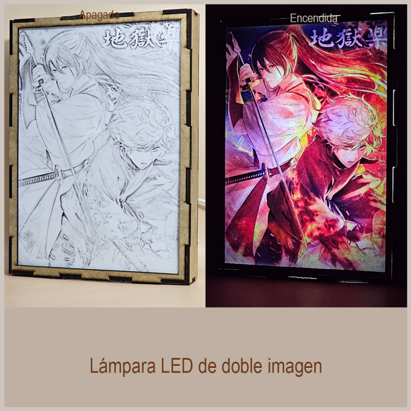 Lámpara ánime/manga  Hell's Paradise  con doble imagen de la pareja Gabimaru y Sagiri Yamada Asaemon, vista apagada y encendida, donde se revela la ilustración completa al encender la luz LED.