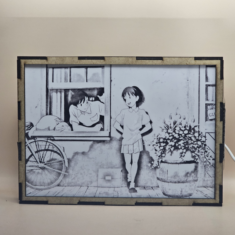 Lámpara ánime  Susurros del corazón  con doble imagen del grupo Shizuku Tsukishima, Baron Humbert Von Gikkingen y Amasawa Seiji, vista apagada, se esconde la imágen de atras.