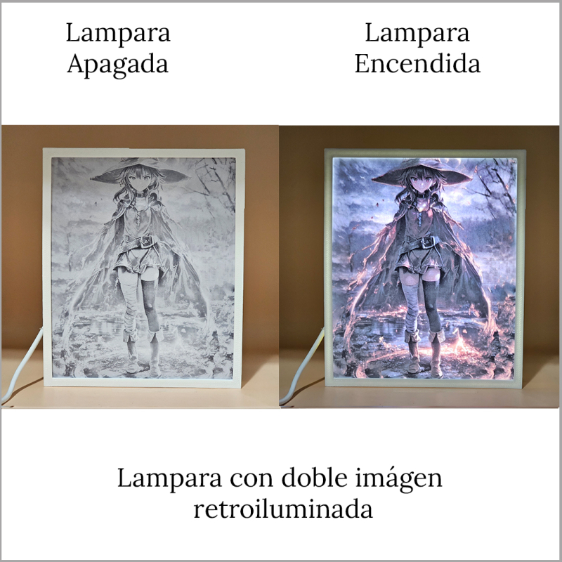 Lámpara ánime/manga  KonoSuba  con doble imagen del personaje Megumin, vista apagada y encendida, donde se revela la ilustración completa al encender la luz LED.