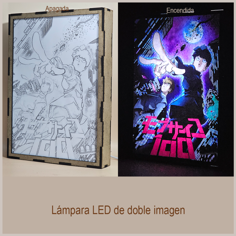 Lámpara ánime/manga  Mob Psycho 100  con doble imagen del grupo Shigeo Kageyama, Arataka Reigen y Ekubo, vista apagada y encendida, donde se revela la ilustración completa al encender la luz LED.