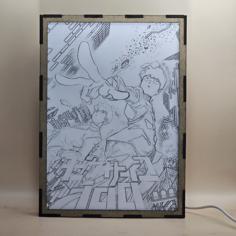 Lámpara ánime/manga  Mob Psycho 100  con doble imagen del grupo Shigeo Kageyama, Arataka Reigen y Ekubo, vista apagada, se esconde la imágen de atras.