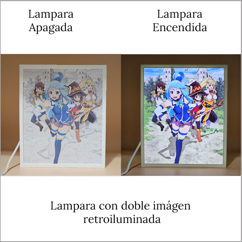 Lámpara ánime/manga  KonoSuba  con doble imagen del grupo Megumin, Kazuma Satō, Darkness y Aqua, vista apagada y encendida, donde se revela la ilustración completa al encender la luz LED.