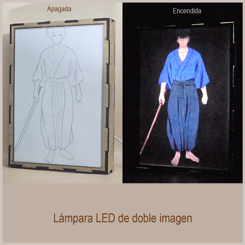 Lámpara ánime/manga  Ranma y medio  con doble imagen del personaje Tatewaki Kuno, vista apagada y encendida, donde se revela la ilustración completa al encender la luz LED.