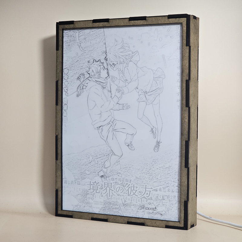 Lámpara ánime/manga  Beyond the Boundary  con doble imagen de la pareja Mirai Kuriyama y Akihito Kanbara, vista apagada, se esconde la imágen de atras.