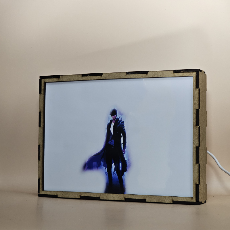 Lámpara ánime/manga  Solo Leveling  con doble imagen del grupo Kim Chul, Tank, Igris, Kargalgan y Sung Jinwoo, vista apagada, se esconde la imágen de atras.