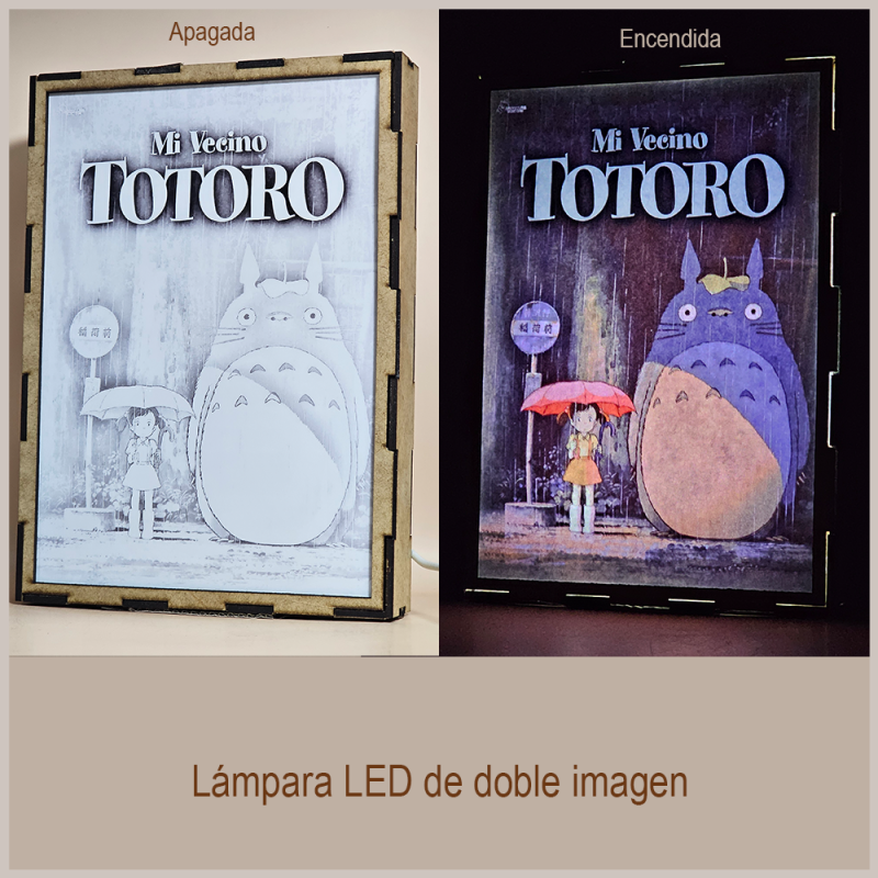 Lámpara ánime  Mi vecino totoro  con doble imagen de la pareja Totoro y Mei Kusakabe, vista apagada y encendida, donde se revela la ilustración completa al encender la luz LED.