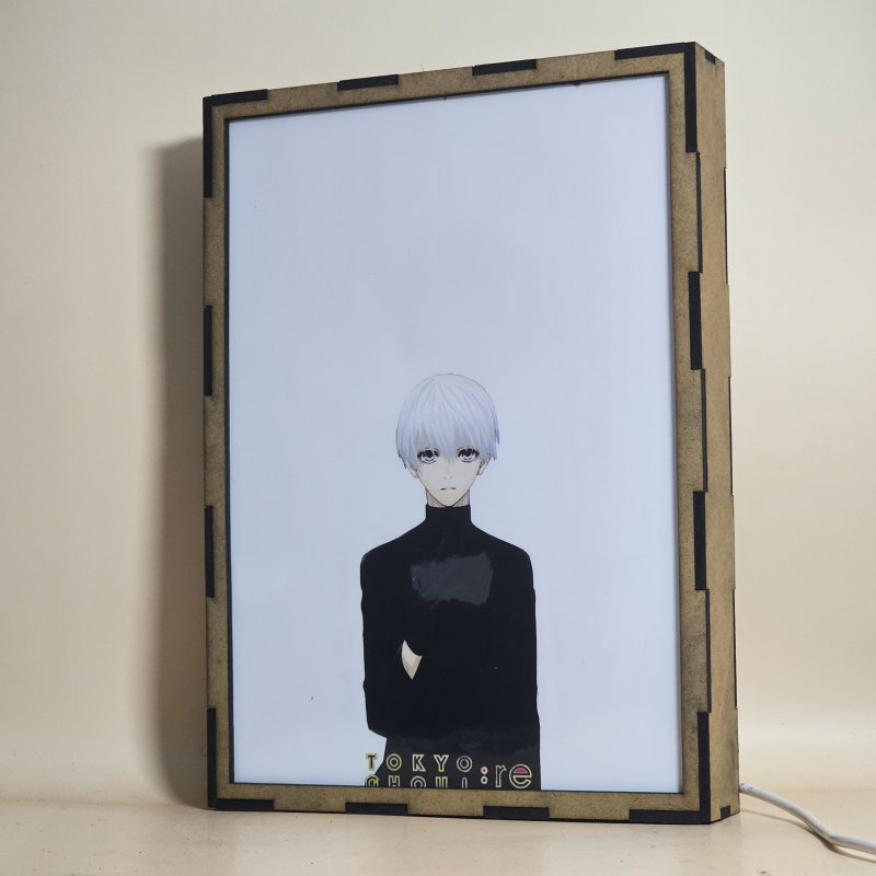 Lámpara ánime/manga  Tokyo Ghoul  con doble imagen del grupo Ken Kaneki, Touka Kirishima, Koutarou Amon, Rize Kamishiro, Akira Mado, Renji Yomo, Hideyoshi Nagachika y Hinami Fueguchi, vista apagada, se esconde la imágen de atras.