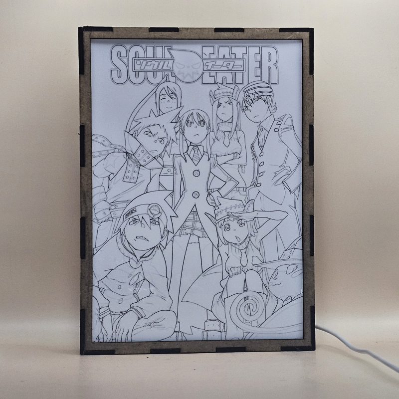 Lámpara ánime/manga  Soul Eater  con doble imagen del grupo Maka Albarn, Eater, Black☆Star, Tsubaki Nakatsukasa, Death the Kid, Liz, Patty y Blair, vista apagada, se esconde la imágen de atras.
