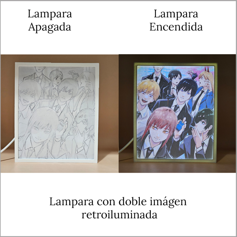 Lámpara ánime/manga  Chainsaw Man  con doble imagen del grupo Denji, Makima, Power, Aki Hayakawa, Himeno, Kobeni Higashiyama y Hirokazu Arai, vista apagada y encendida, donde se revela la ilustración completa al encender la luz LED.