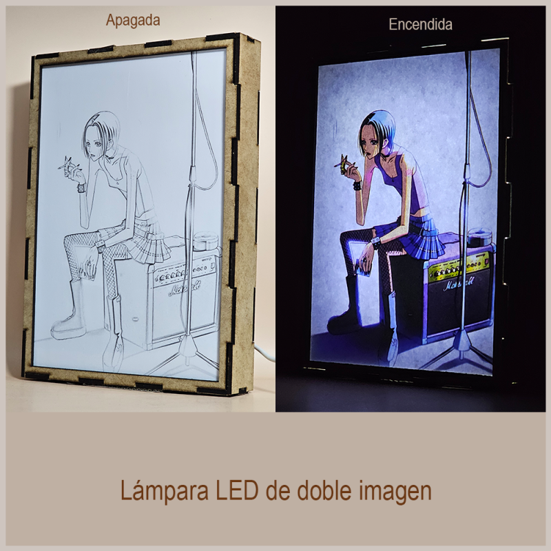 Lámpara ánime/manga  Nana  con doble imagen del personaje Nana Osaki, vista apagada y encendida, donde se revela la ilustración completa al encender la luz LED.
