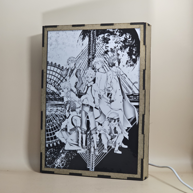 Lámpara ánime/manga  Bungo Stray Dogs  con doble imagen del grupo Atsushi Nakajima, Osamu Dazai, Doppo Kunikida, Kenji Miyazawa, Jun'ichirō Tanizaki, Akiko Yosano y Ranpo Edogawa, vista apagada, se esconde la imágen de atras.