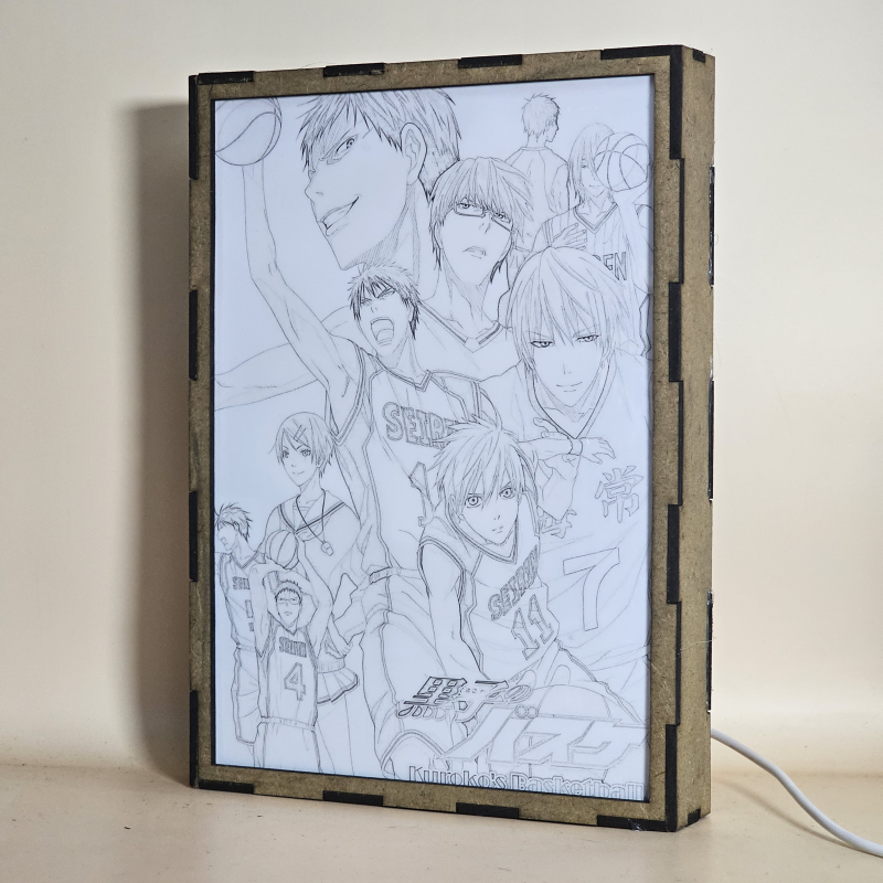 Lámpara ánime/manga  Kuroko's Basketball  con doble imagen del grupo Taiga Kagami, Ryota Kise, Shintaro Midorima, Tetsuya Kuroko, Daiki Aomine, Atsushi Murasakibara, Seijuro Akashi, Riko Aida, Junpei Hyuga y Teppei Kiyoshi, vista apagada, se esconde la imágen de atras.