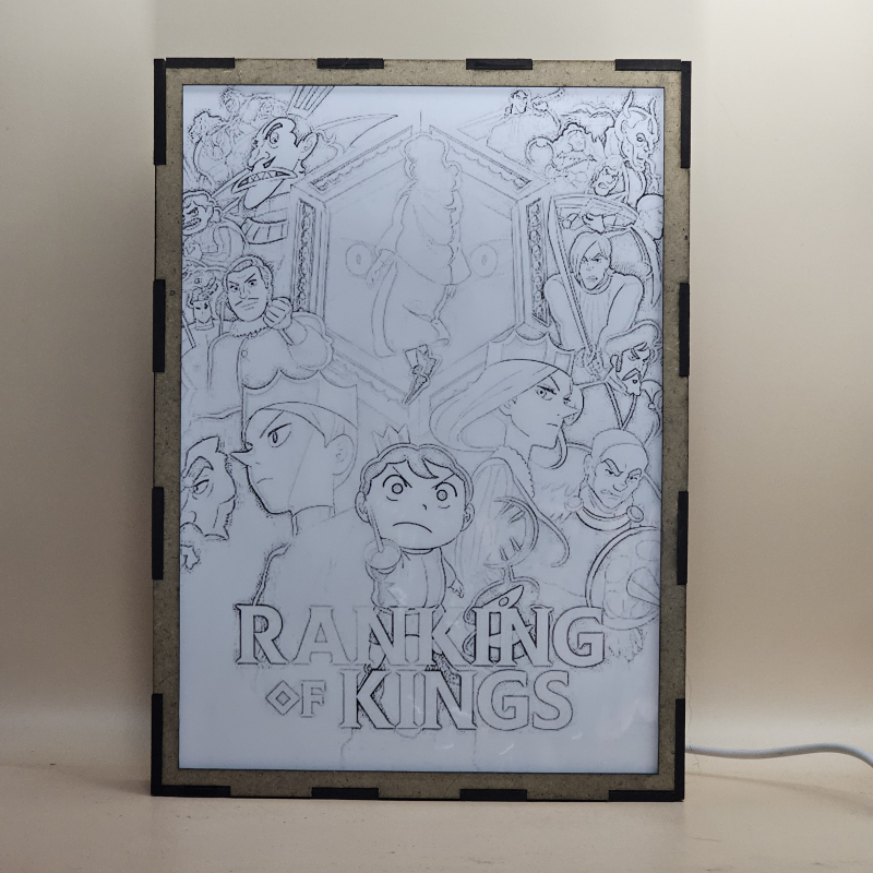 Lámpara ánime/manga  Ousama Ranking  con doble imagen del grupo Bojji, Kage, Hiling, Domas y Miranjo, vista apagada, se esconde la imágen de atras.