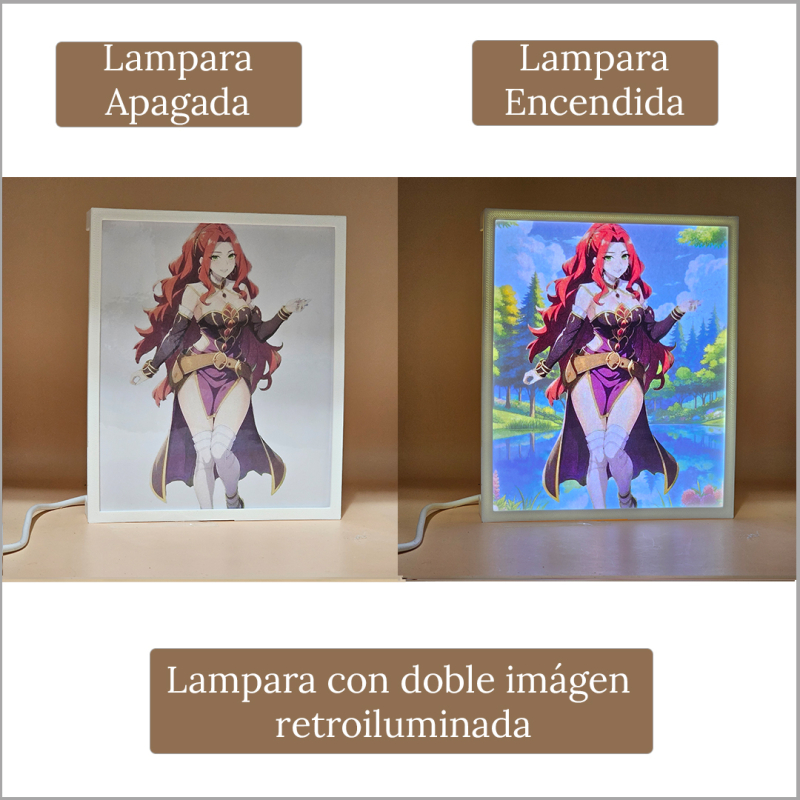Lámpara ánime/manga  El héroe del escudo  con doble imagen del personaje Malty S Melromarc, vista apagada y encendida, donde se revela la ilustración completa al encender la luz LED.