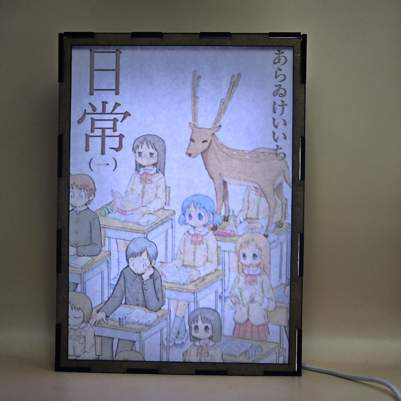 Lámpara ánime/manga  Nichijou  con doble imagen del grupo Yuuko Aioi, Sakamoto, Mai Minakami, Nano Shinonome, Mio Naganohara y Koujirou Sasahara, vista encendida, con luz ambiente, donde se revela la ilustración completa al encender la luz LED.