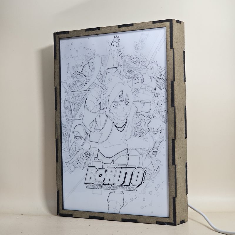 Lámpara ánime/manga  Boruto  con doble imagen del grupo Boruto Uzumaki, Sarada Uchiha, Inojin Yamanaka, Mitsuki, Chocho Akimichi y Shikadai Nara, vista apagada, se esconde la imágen de atras.