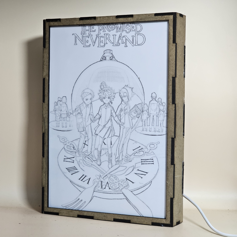 Lámpara ánime/manga  The Promised Neverland  con doble imagen del grupo Norman, Ray y Emma, vista apagada, se esconde la imágen de atras.