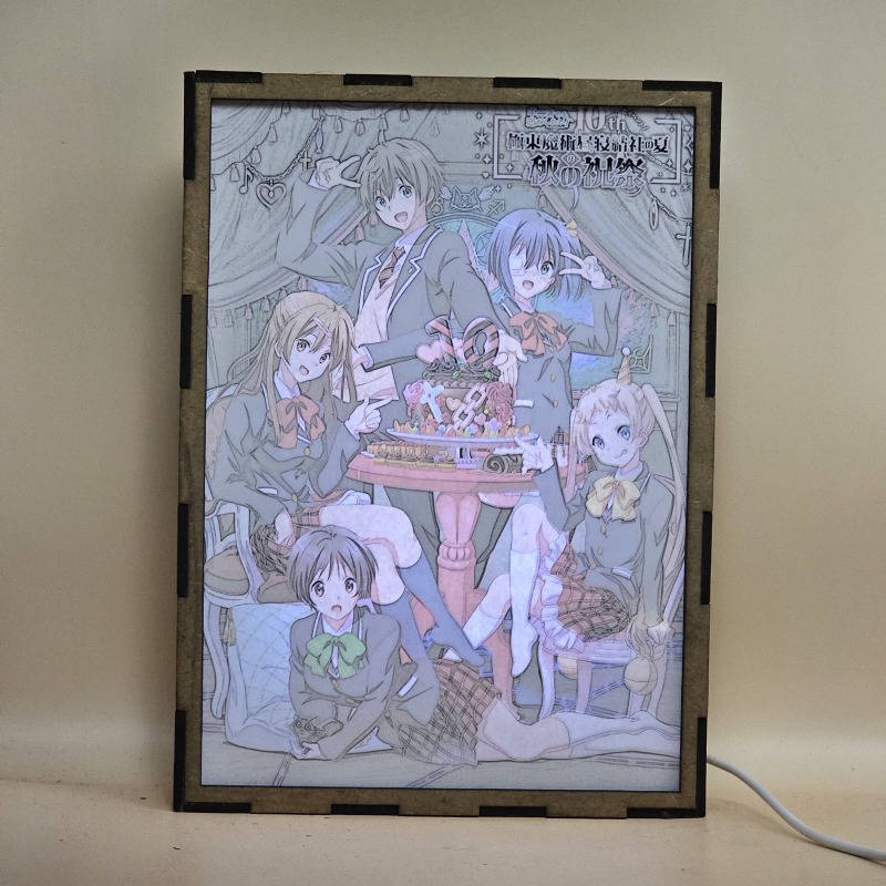 Lámpara ánime/manga  Love, Chunibyo & Other Delusions!  con doble imagen del grupo Yūta Togashi, Rikka Takanashi, Shinka Nibutani, Sanae Dekomori y Kumin Tsuyuri, vista encendida, con luz ambiente, donde se revela la ilustración completa al encender la luz LED.
