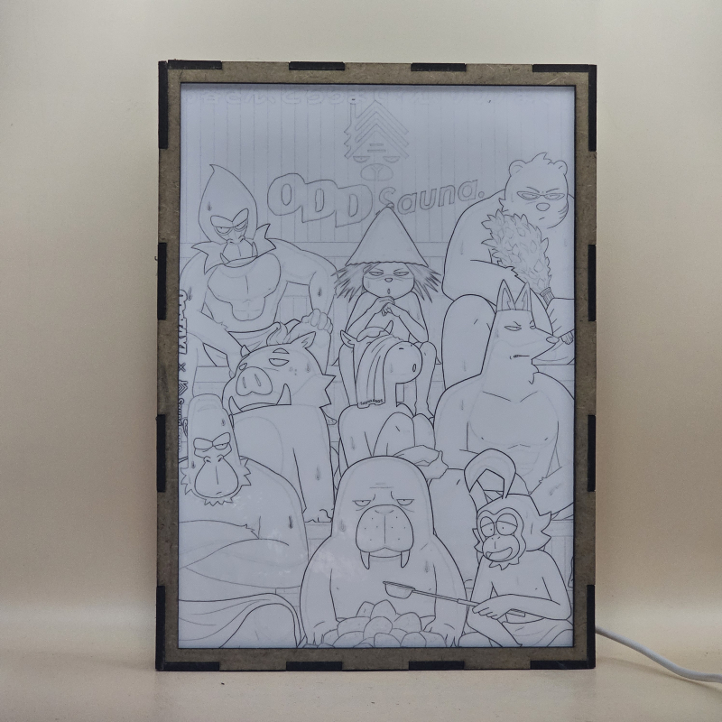 Lámpara ánime/manga  Odd Taxi  con doble imagen del grupo Morsa, Gibón, Gorila, Jabalí, Caballo, Zorro, Babuino, Dobu y Oso Polar, vista apagada, se esconde la imágen de atras.
