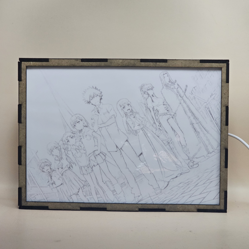 Lámpara ánime/manga  Toaru Majutsu no Index  con doble imagen del grupo Uiharu Kazari, Stiyl Magnus, Kanzaki Kaori, Index, Kamijou Touma, Misaka Mikoto, Shirai Kuroko y Saten Ruiko, vista apagada, se esconde la imágen de atras.