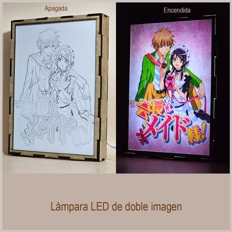 Lámpara ánime/manga  Kaichou wa Maid-sama!  con doble imagen de la pareja Takumi Usui y Ayuzawa Misaki, vista apagada y encendida, donde se revela la ilustración completa al encender la luz LED.