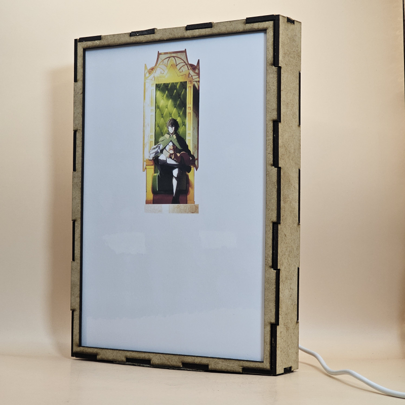 Lámpara ánime/manga  El héroe del escudo  con doble imagen del grupo Naofumi Iwatani, Raphtalia, Filo, Nadia, Fohl, Atla, Werner y Jaralis, vista apagada, se esconde la imágen de atras.