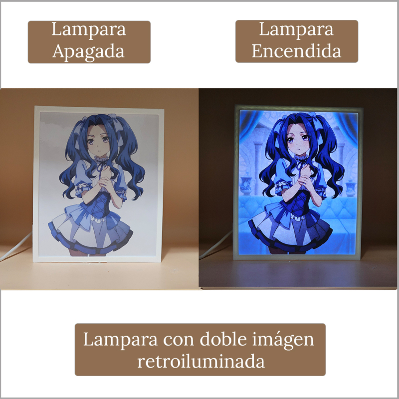 Lámpara ánime/manga  El héroe del escudo  con doble imagen del personaje Melty Q. Melromarc, vista apagada y encendida, donde se revela la ilustración completa al encender la luz LED.